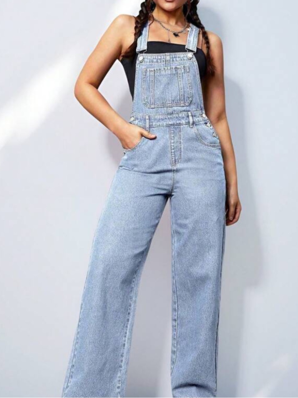 SHEIN Light Wash Denim Wide-Leg Overalls